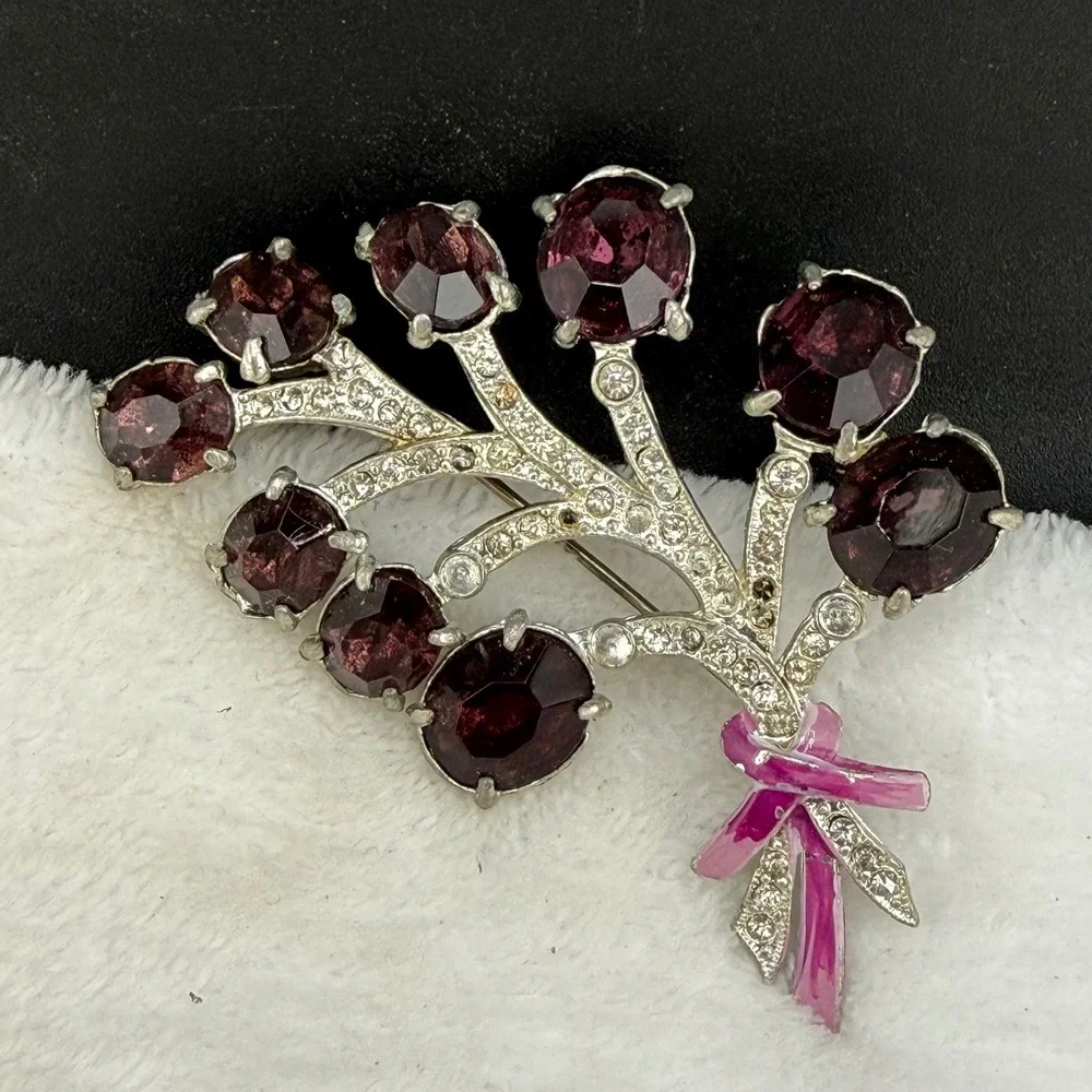 Vintage Rhinestone Brooch Purple Silver Floral Spray